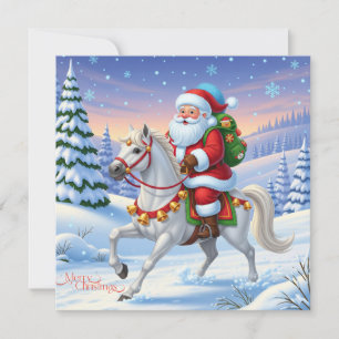 Merry Christmas Santa Claus on White Horse  Holiday Card