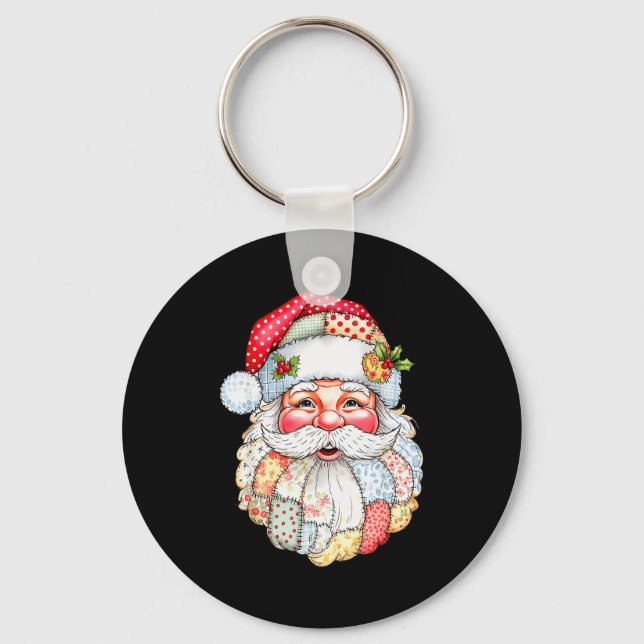 Merry Christmas Santa Claus Patchwork Pajamas Xmas Key Ring (Front)