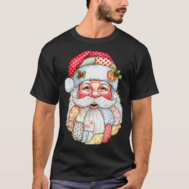 Merry Christmas Santa Claus Patchwork Pajamas Xmas T-Shirt (Front)