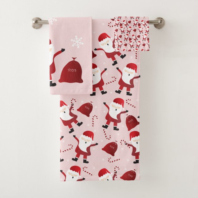 Merry Christmas Santa Claus Pattern Red White Bath Towel Set (Insitu)