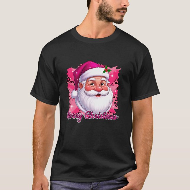 Merry Christmas Santa Claus Pink Leopard Santa Fac T-Shirt (Front)