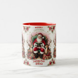 Merry Christmas Santa Claus Reading to Reindeers Two-Tone Coffee Mug