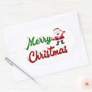 Merry Christmas Santa Claus red green script Oval Sticker