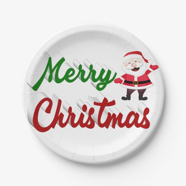Merry Christmas Santa Claus red green script Paper Plate (Front)