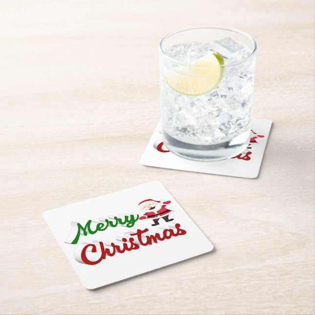 Merry Christmas Santa Claus red green script  Square Paper Coaster (Insitu)