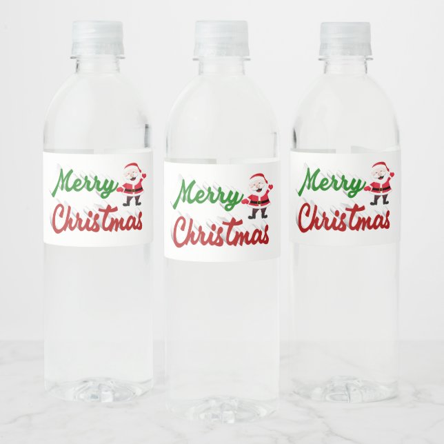 Merry Christmas Santa Claus red green script Water Bottle Label (Bottles)