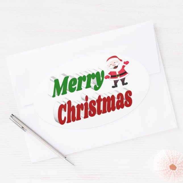 Merry Christmas Santa Claus red green typography Oval Sticker (Envelope)
