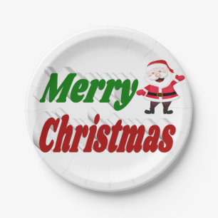 Merry Christmas Santa Claus red green typography Paper Plate