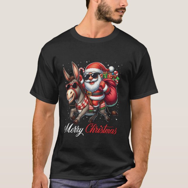Merry Christmas Santa Claus Riding a Donkey Boys G T-Shirt (Front)