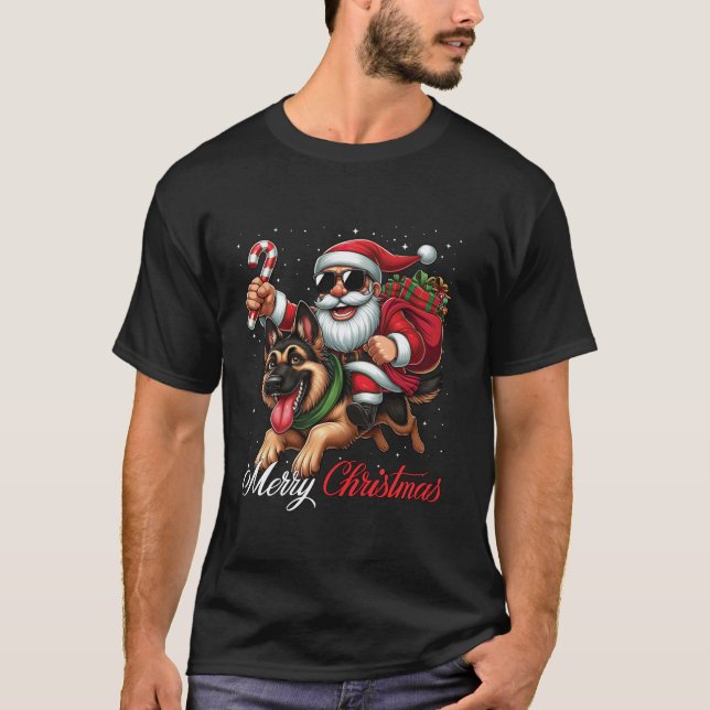 Merry Christmas Santa Claus Riding a German Shephe T-Shirt (Front)