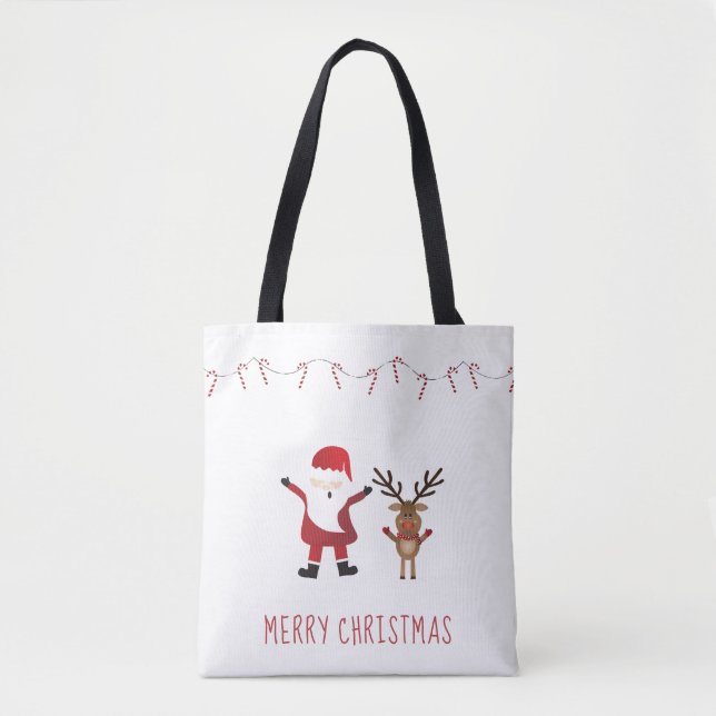 Merry Christmas Santa Claus Rudolph Candy Canes Tote Bag (Front)