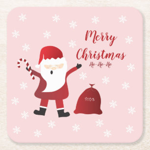 Merry Christmas Santa Claus Snowflakes Red White Square Paper Coaster