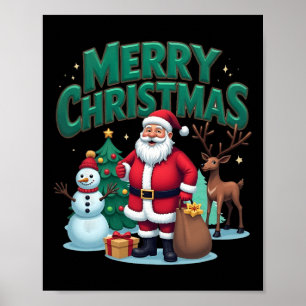 Merry Christmas Santa Claus Snowman Reindeer Xmas Poster