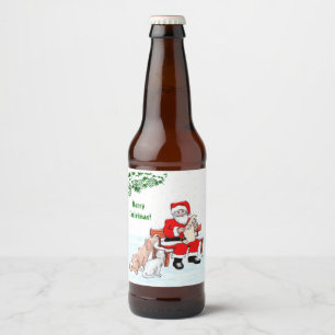 Merry Christmas! Santa Claus with Cat and Dog Beer Bottle Label