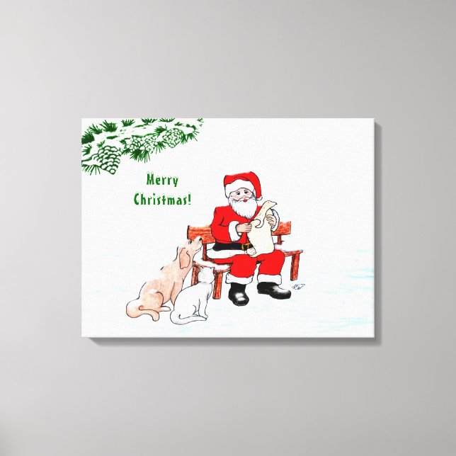 Merry Christmas! Santa Claus with Cat and Dog Canvas Print (Front)