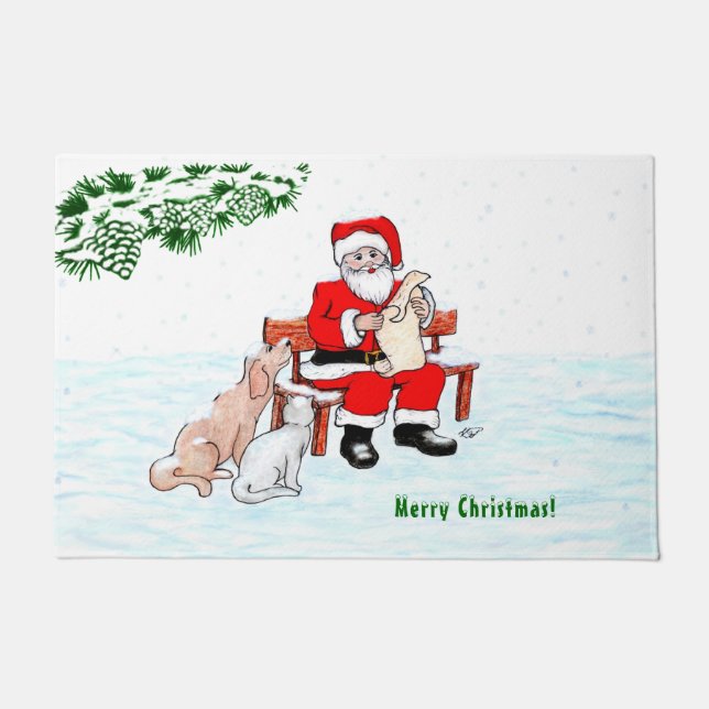 Merry Christmas! Santa Claus with Cat and Dog Doormat (Front)