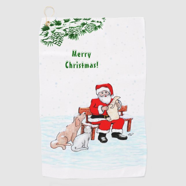 Merry Christmas! Santa Claus with Cat and Dog Golf Towel (Front)