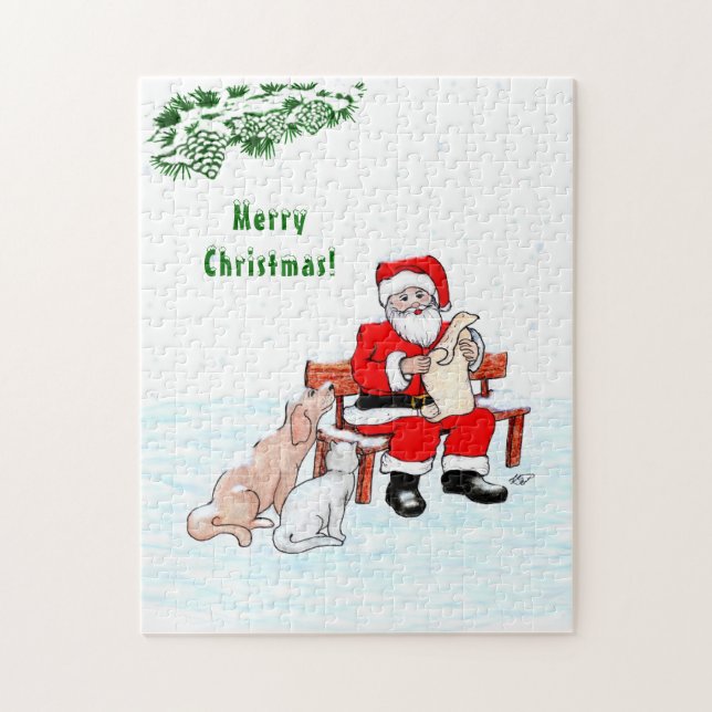 Merry Christmas! Santa Claus with Cat and Dog Jigsaw Puzzle (Vertical)