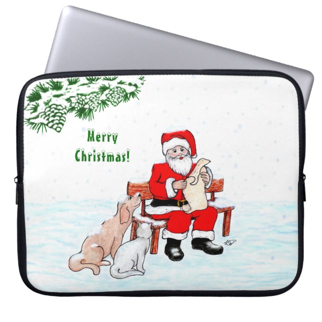 Merry Christmas! Santa Claus with Cat and Dog Laptop Sleeve (Front)