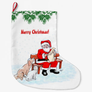 Merry Christmas - Santa Claus with Cat and Dog Large Christmas Stocking
