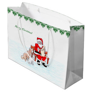 Merry Christmas! Santa Claus with Cat and Dog Large Gift Bag