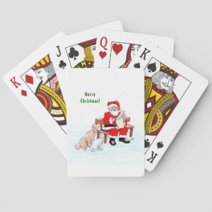 Merry Christmas! Santa Claus with Cat and Dog Playing Cards