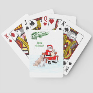 Merry Christmas! Santa Claus with Cat and Dog Playing Cards