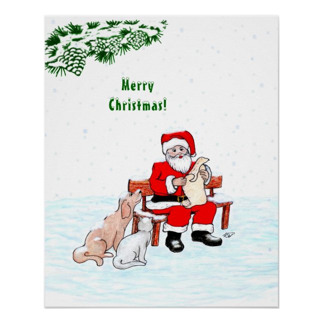 Merry Christmas! Santa Claus with Cat and Dog Poster (Front)