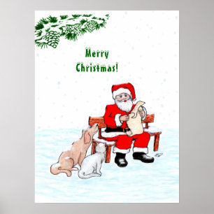 Merry Christmas! Santa Claus with Cat and Dog Poster