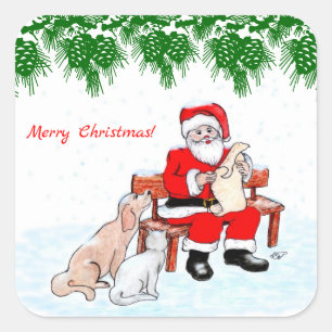 Merry Christmas - Santa Claus with Cat and Dog Square Sticker