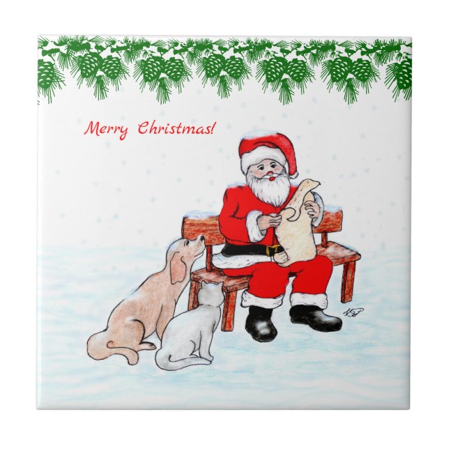 Merry Christmas - Santa Claus with Cat and Dog Tile (Front)