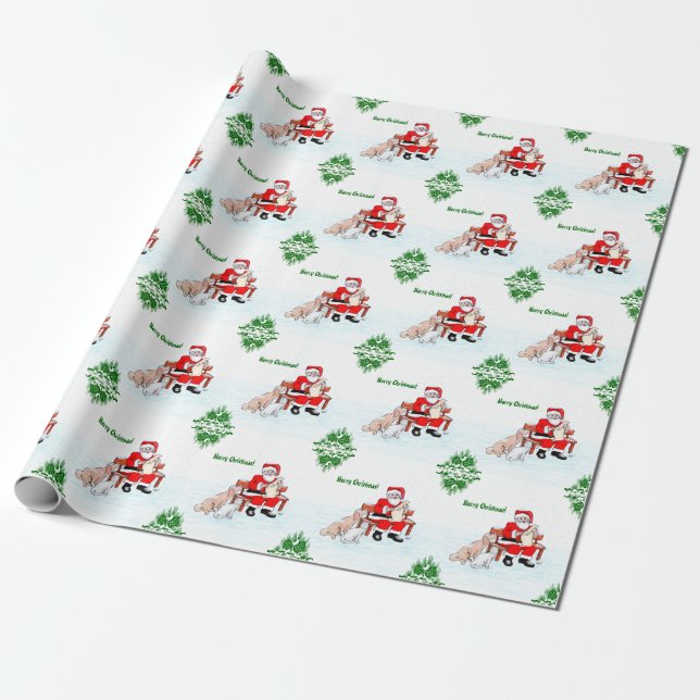 Merry Christmas - Santa Claus with Cat and Dog Wrapping Paper (Unrolled)