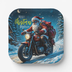 Merry Christmas Santa Clause On Motorcycle  Paper Plate