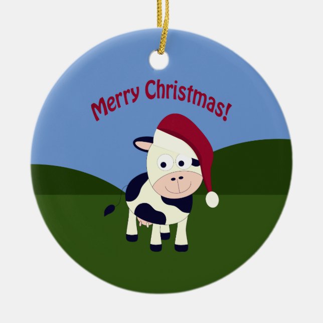 Merry Christmas Santa Cow Ceramic Tree Decoration (Front)