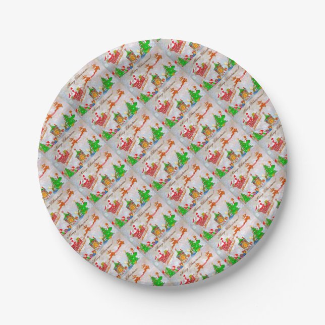 Merry Christmas Santa Delivering Gifts Paper Plate (Front)
