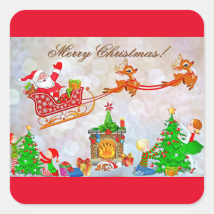 Merry Christmas Santa Delivering Gifts Square Sticker