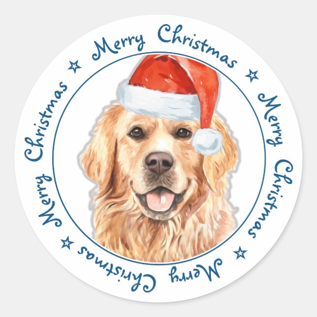 Merry Christmas Santa Dog Golden Retriever Classic Round Sticker (Front)
