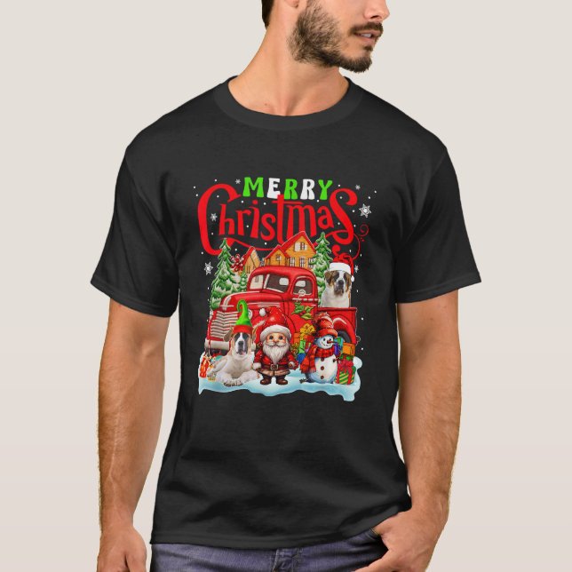 Merry Christmas Santa Elf St Bernards On Pickup Tr T-Shirt (Front)