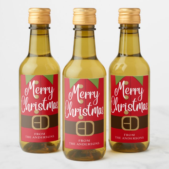 Merry Christmas Santa Elf Suit Personalised Name Wine Label (Bottles)