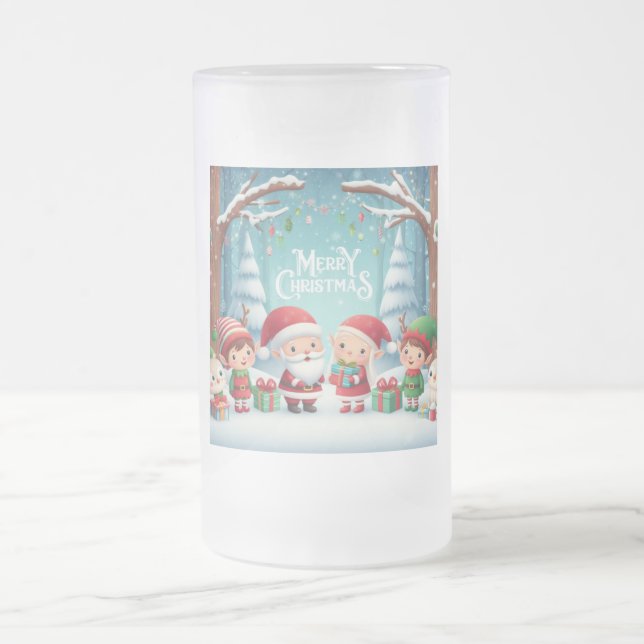 Merry Christmas/santa/elves snow Frosted Glass Beer Mug (Center)