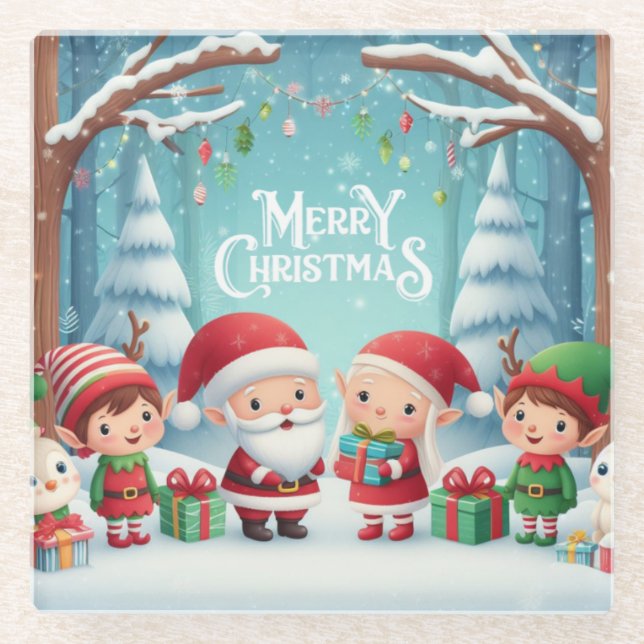 Merry Christmas/santa/elves snow Glass Coaster (Front)