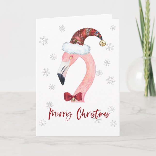 Merry Christmas Santa Flamingo Christmas Holiday Card (Front)