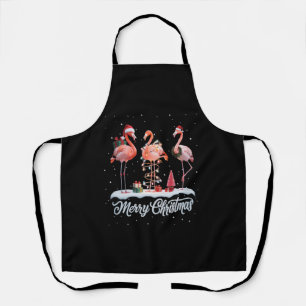 Merry Christmas Santa Flamingo Light Snow Xmas Apron