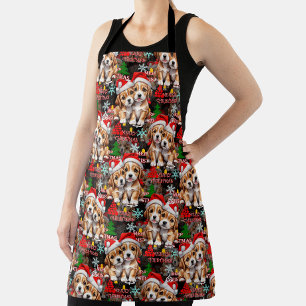 Merry Christmas Santa Hat Dog Puppy Design - Black Apron