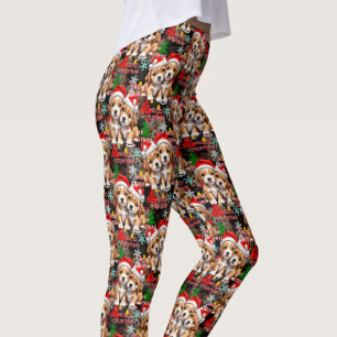 Merry Christmas Santa Hat Dog Puppy Design - Black Leggings