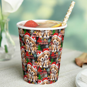 Merry Christmas Santa Hat Dog Puppy Design - Black Paper Cups