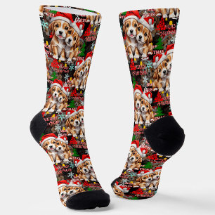 Merry Christmas Santa Hat Dog Puppy Design - Black Socks