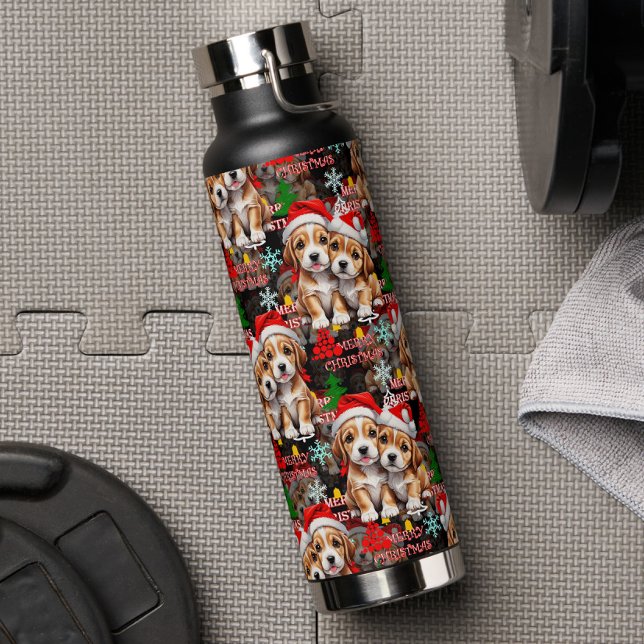 Merry Christmas Santa Hat Dog Puppy Design - Black Water Bottle (Creator Uploaded)