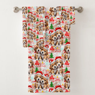 Merry Christmas Santa Hat Dog Puppy Design - White Bath Towel Set