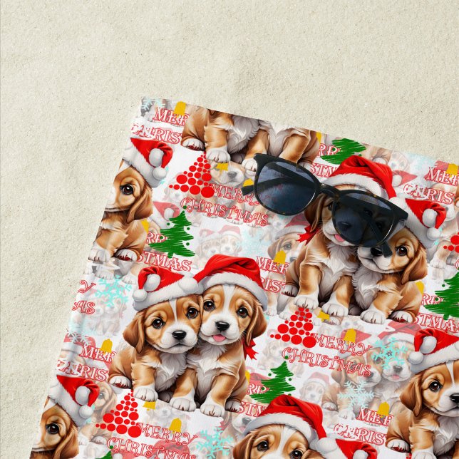 Merry Christmas Santa Hat Dog Puppy Design - White Beach Towel (Creator Uploaded)
